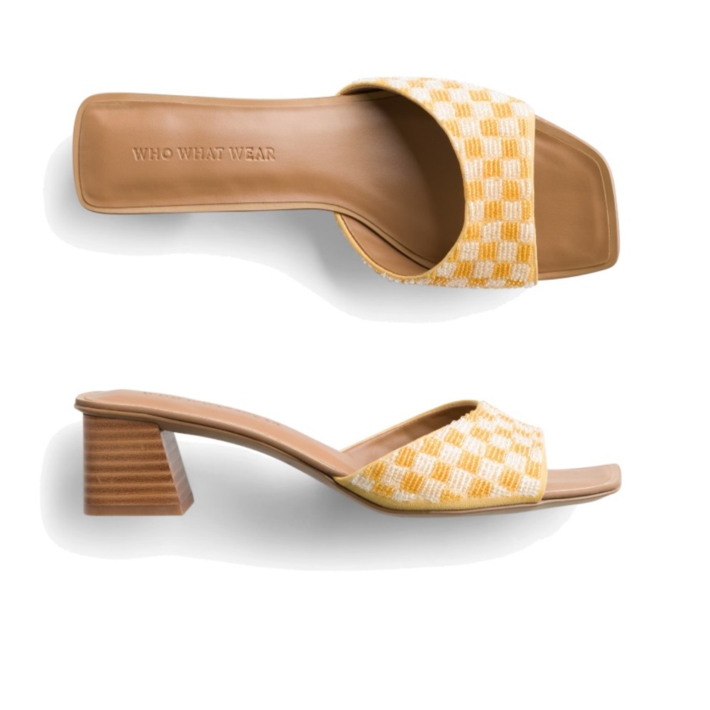 Who What Wear slides, yellow/wht, sz 10, 2” block heel